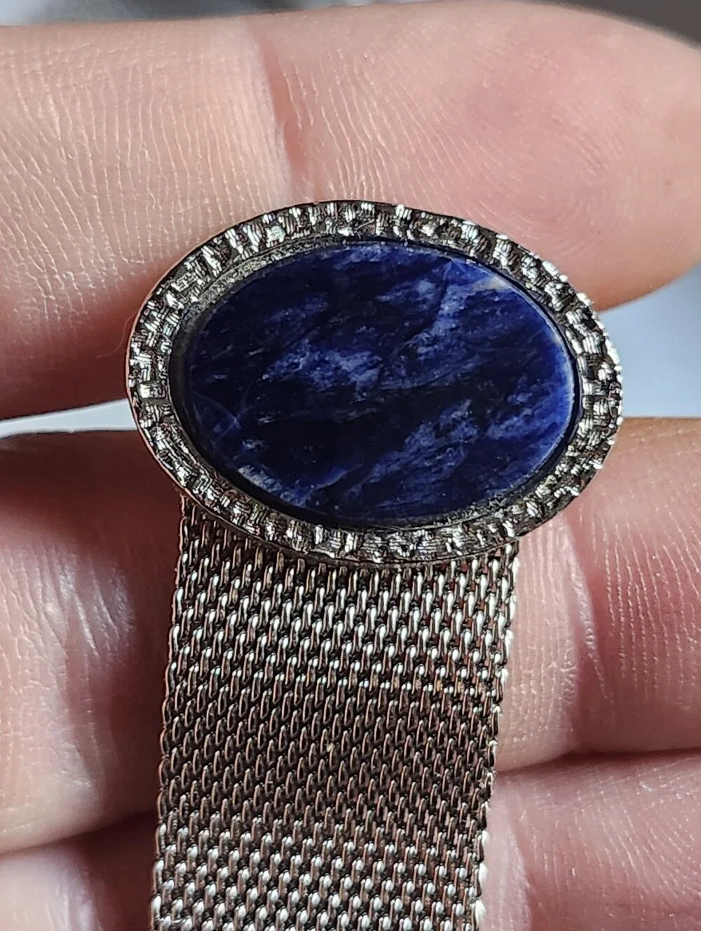 Vtg Dante Silver Tone Mesh Cufflinks with Dark Blue Oval Stones